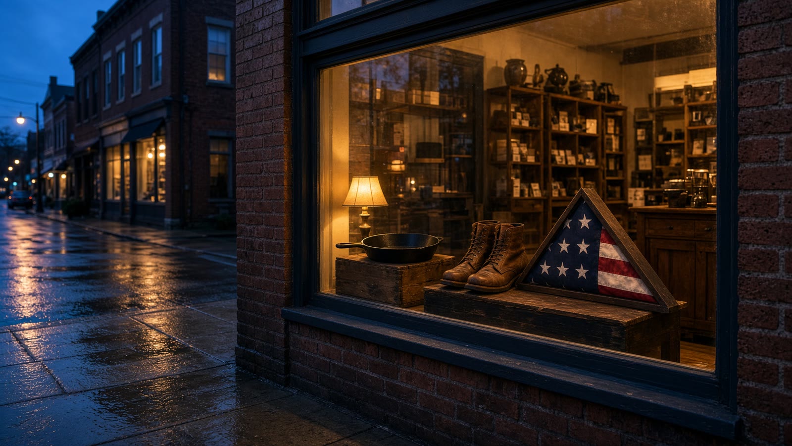 A Main Street shop window at dusk, with a folded flag inside the glass.